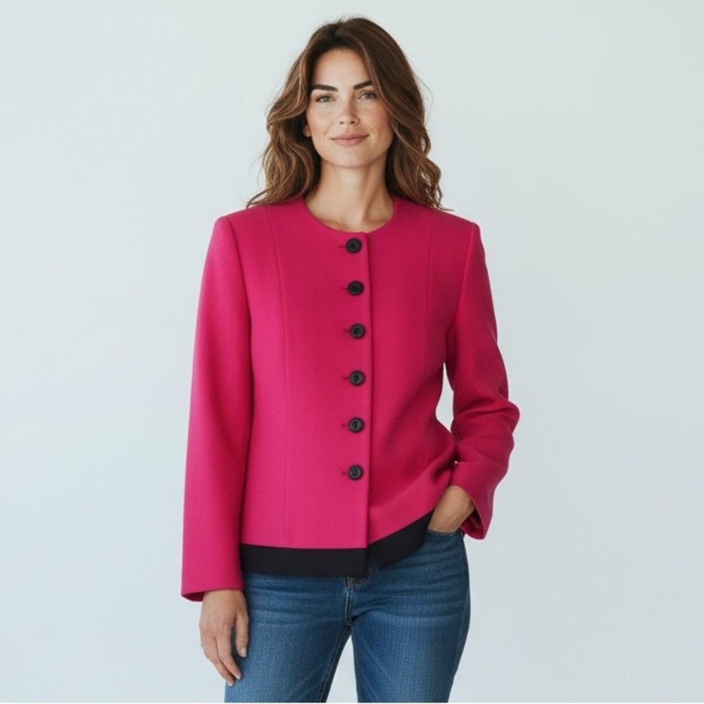 CHRISTIAN DIOR Vintage Button Down Blazer Fuschia & Black Trim Size 10P